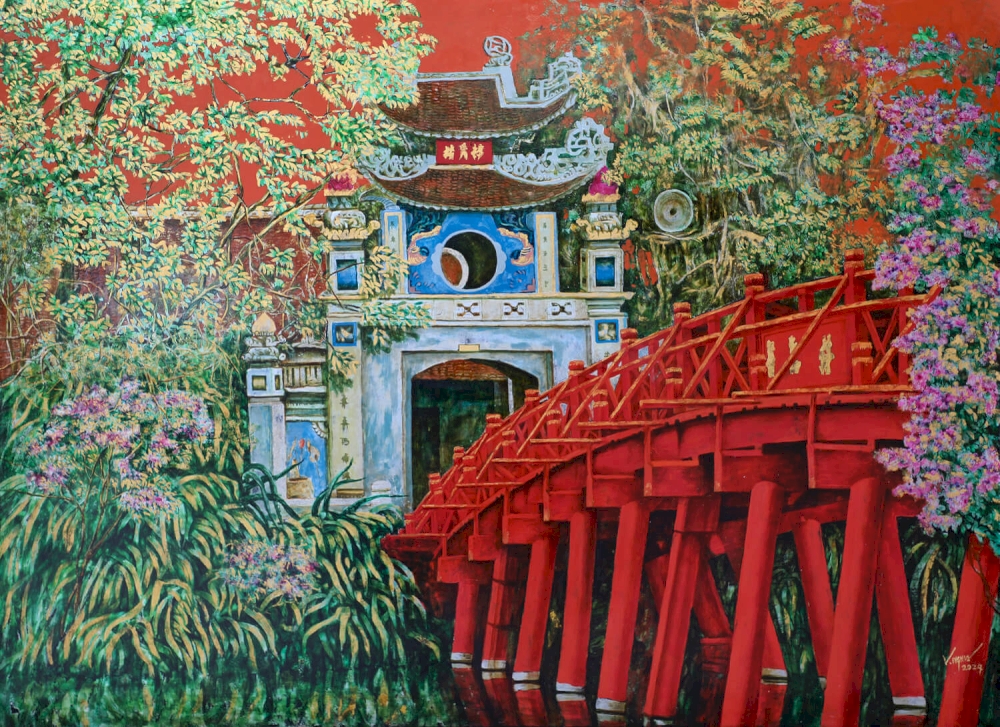 The Huc Bridge - Vietnamese Lacquer Painting by Artist Nguyen Van Nghia
